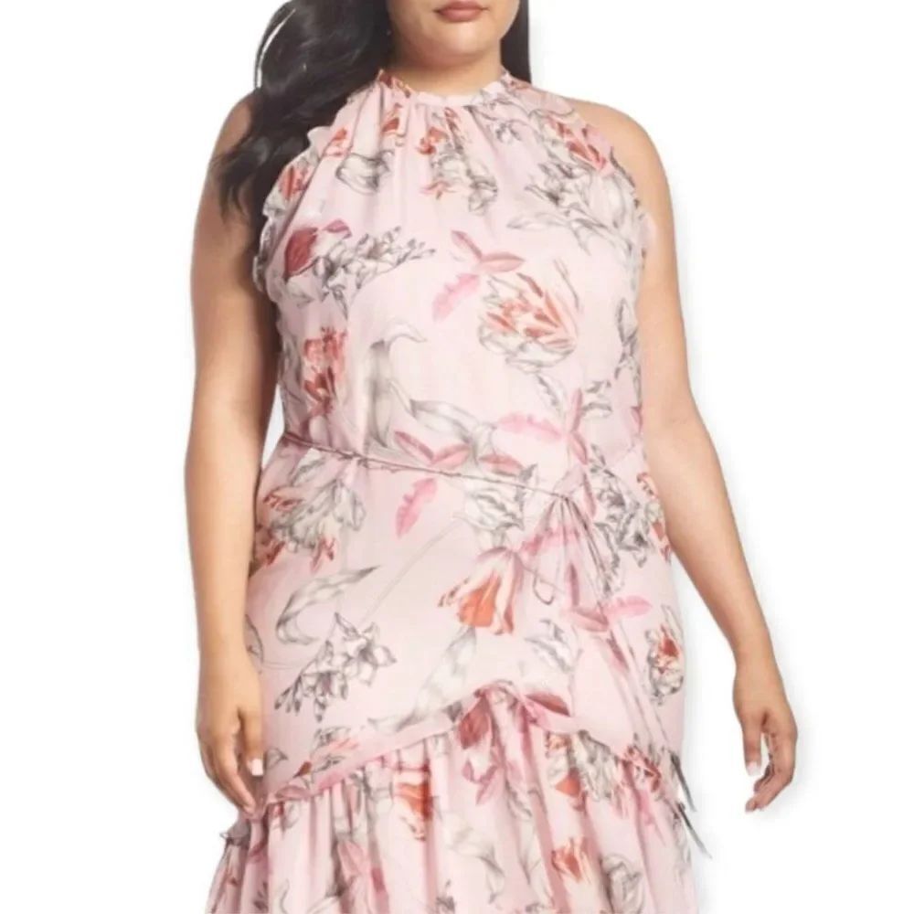 Sleeveless Round Neckline Pink Floral Ruffle Trim Midi Dress NEW